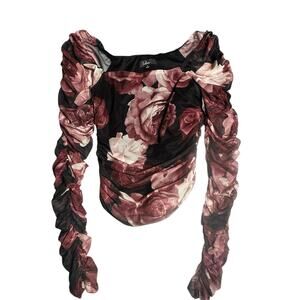 Lulus Floral Burgundy Rushed Sheer Sleeve Crop Small Y2K Whimsygoth Blouse